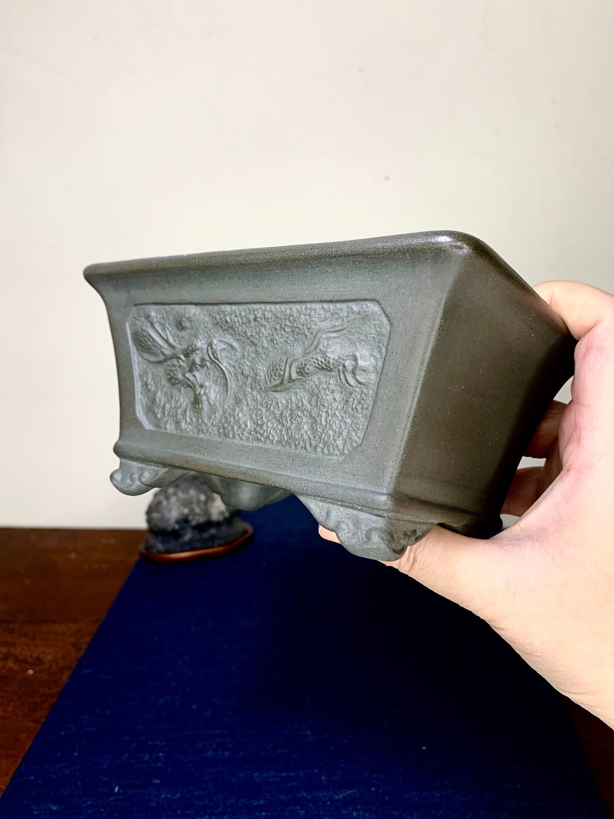 Yamano-Ki Ume-Ho Rectangular with Painted Panels, Dragon Relief-Carved Japanese Pot