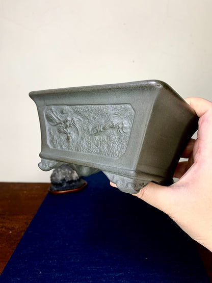 Yamano-Ki Ume-Ho Rectangular with Painted Panels, Dragon Relief-Carved Japanese Pot