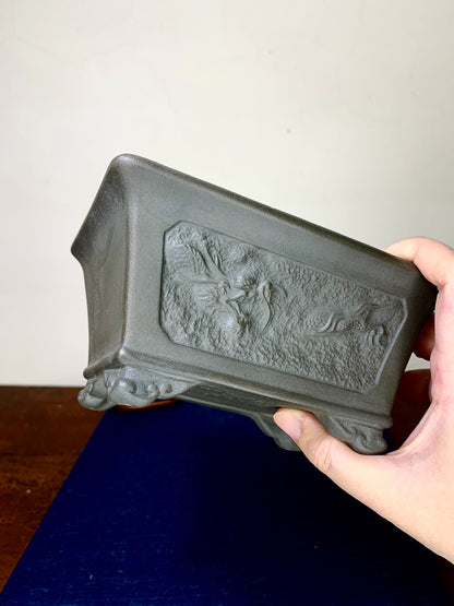 Yamano-Ki Ume-Ho Rectangular with Painted Panels, Dragon Relief-Carved Japanese Pot