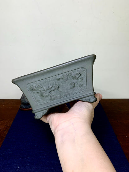 Yamano-Ki Ume-Ho Rectangular with Painted Panels, Dragon Relief-Carved Japanese Pot