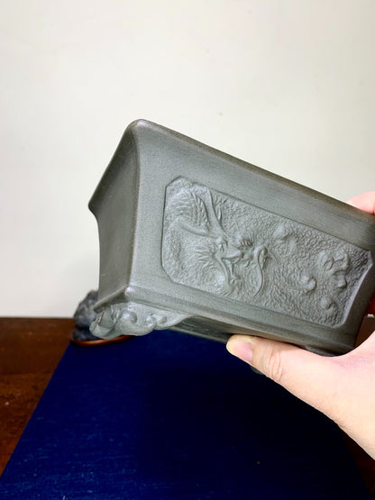 Yamano-Ki Ume-Ho Rectangular with Painted Panels, Dragon Relief-Carved Japanese Pot