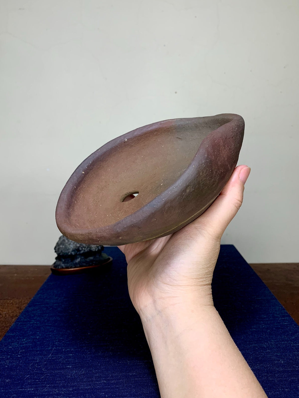 A hand holds a small, dark brown, unglazed ceramic pot with a shallow, oval shape and a central drainage hole.