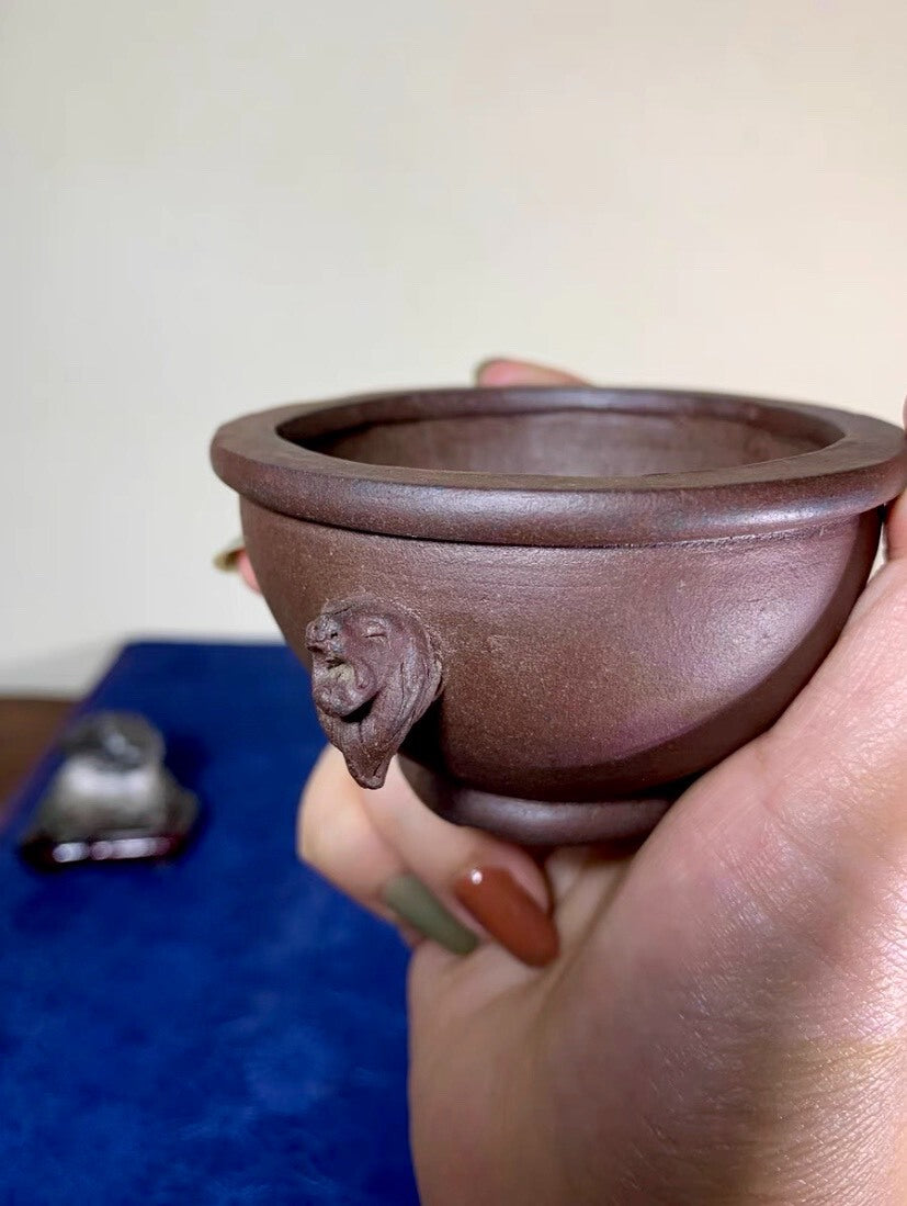 A hand holds a small, dark brown, unglazed ceramic pot with a lion-head handle.