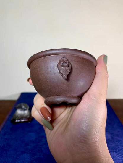 Purple Clay Double-Eared Lion-Head Jade Rim Round Pot by Rin Tōsaku