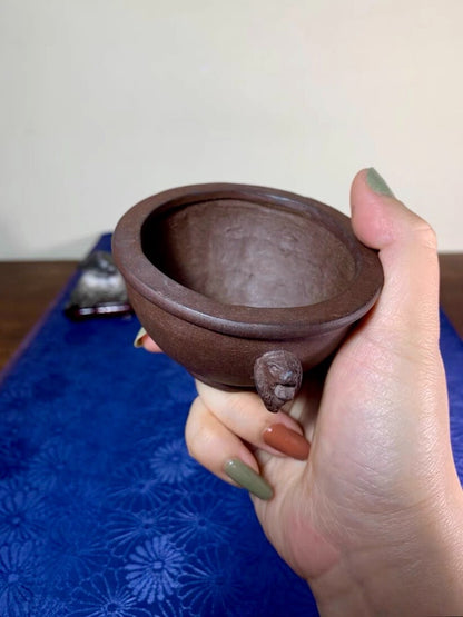Purple Clay Double-Eared Lion-Head Jade Rim Round Pot by Rin Tōsaku