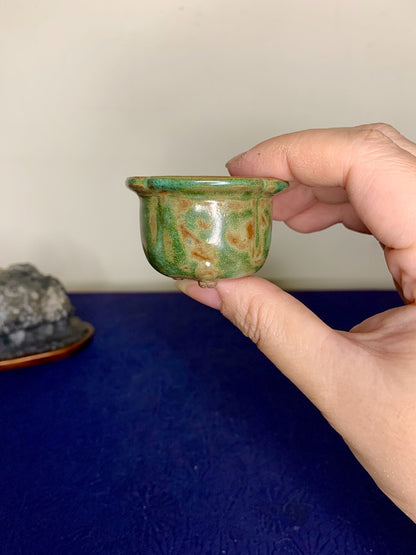 Okumura Sozan Green Glaze Kiln-Transmuted Small Wheel-Shaped Bonsai Pot Japan