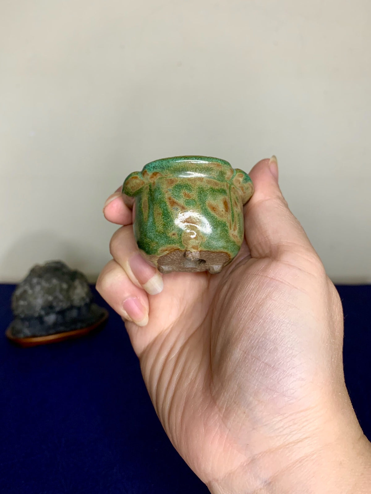 Okumura Sozan Green Glaze Kiln-Transmuted Small Wheel-Shaped Bonsai Pot Japan