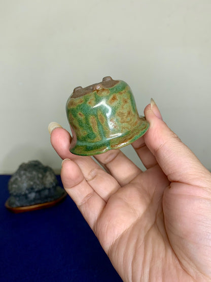 Okumura Sozan Green Glaze Kiln-Transmuted Small Wheel-Shaped Bonsai Pot Japan