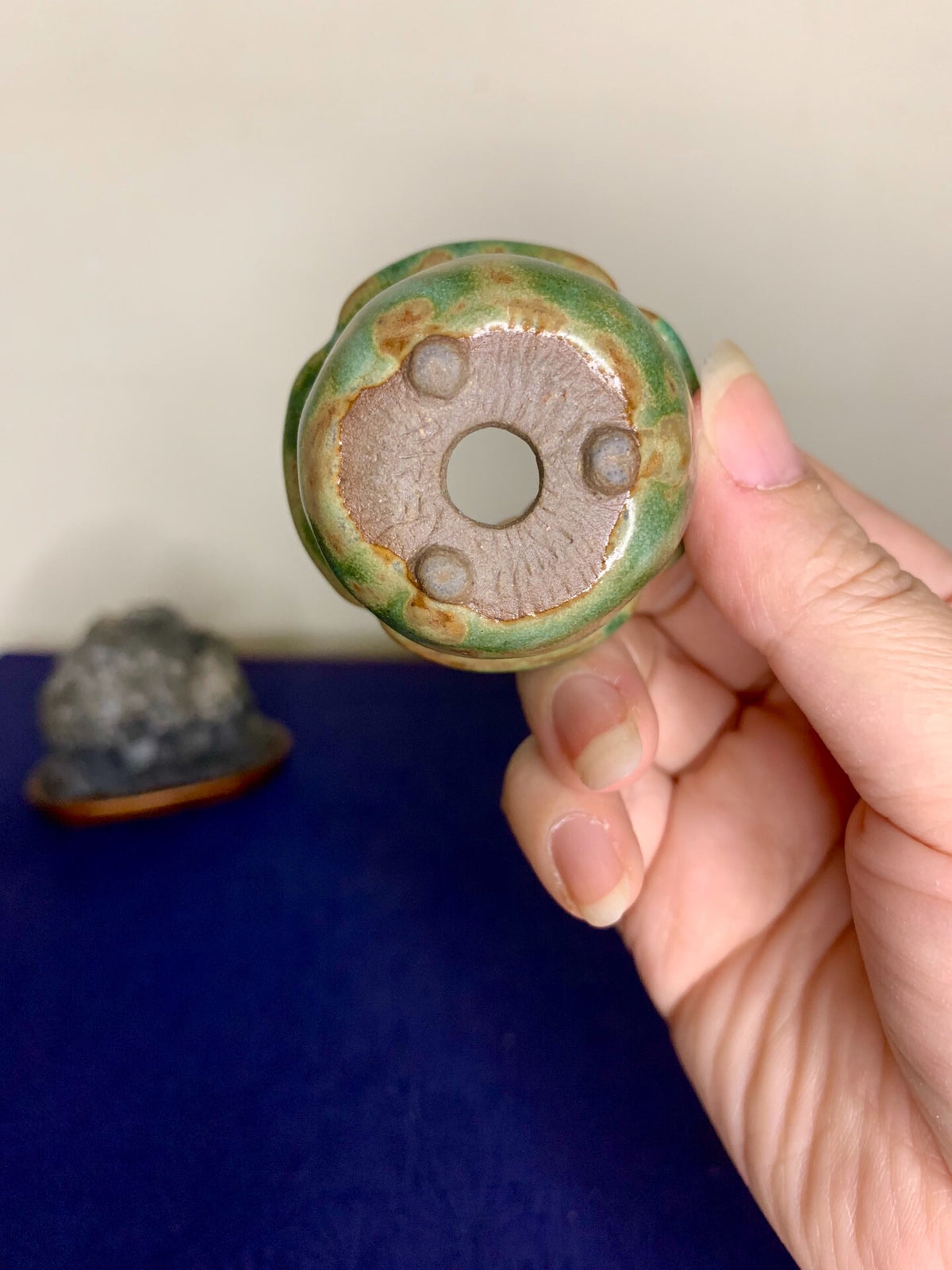 Okumura Sozan Green Glaze Kiln-Transmuted Small Wheel-Shaped Bonsai Pot Japan