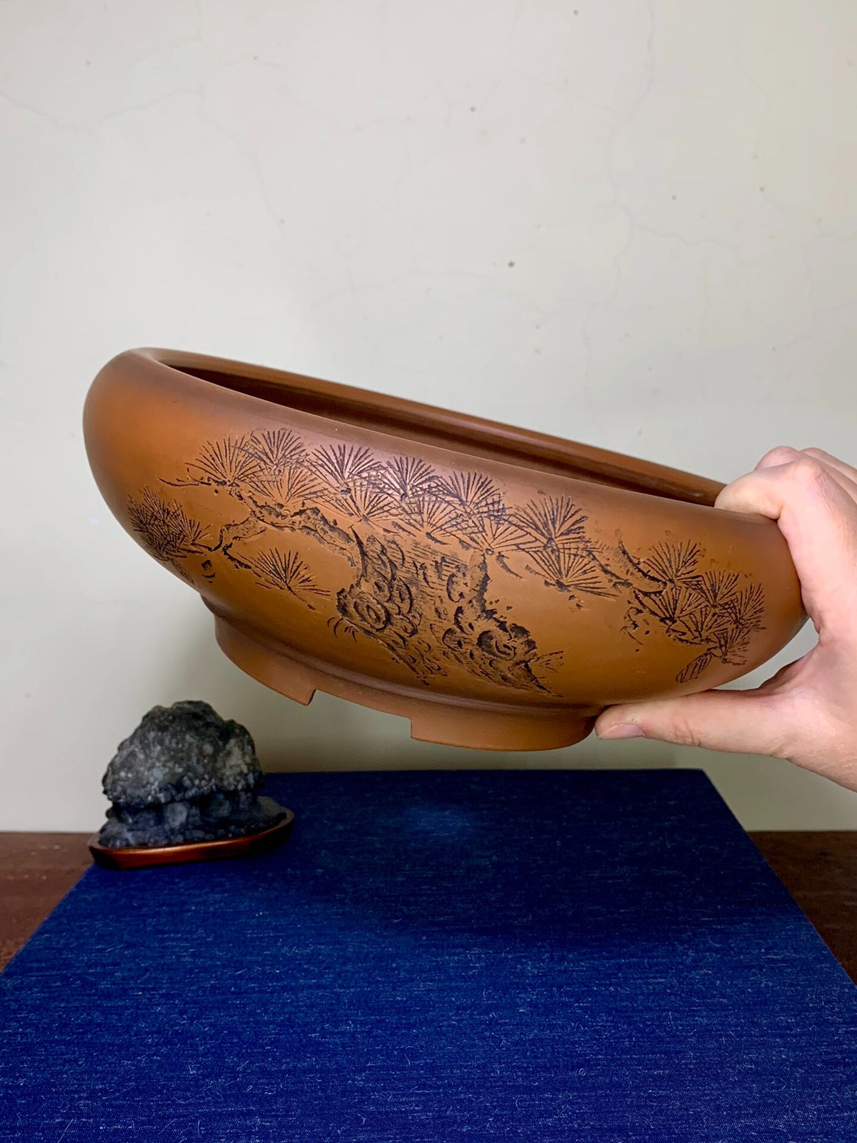 Antique Copper-Red Clay Incised Round Pot by Bigei