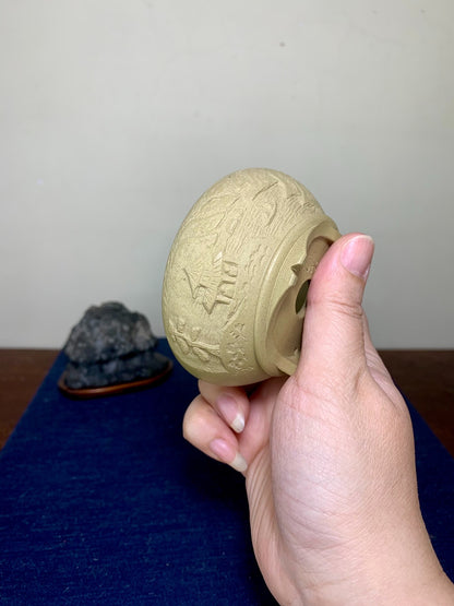 Rare White Clay Incised Landscape Japanese Pot by Sanya Shōhachi