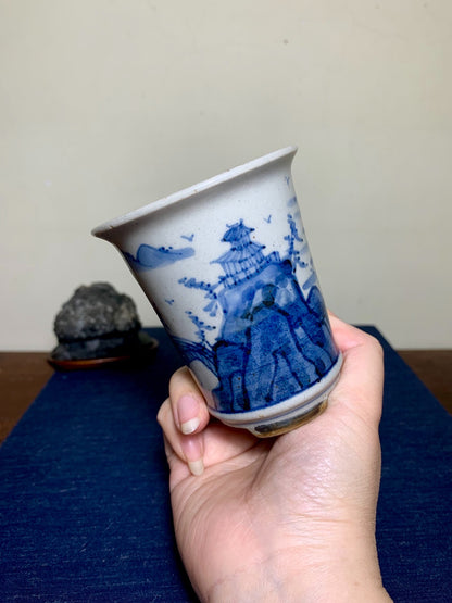 Kutani Shōzan Blue-And-White Landscape Cylindrical Pot Japanese Bonsai Pot