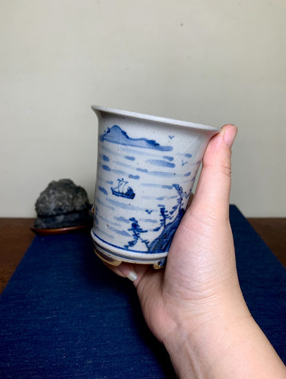Kutani Shōzan Blue-And-White Landscape Cylindrical Pot Japanese Bonsai Pot