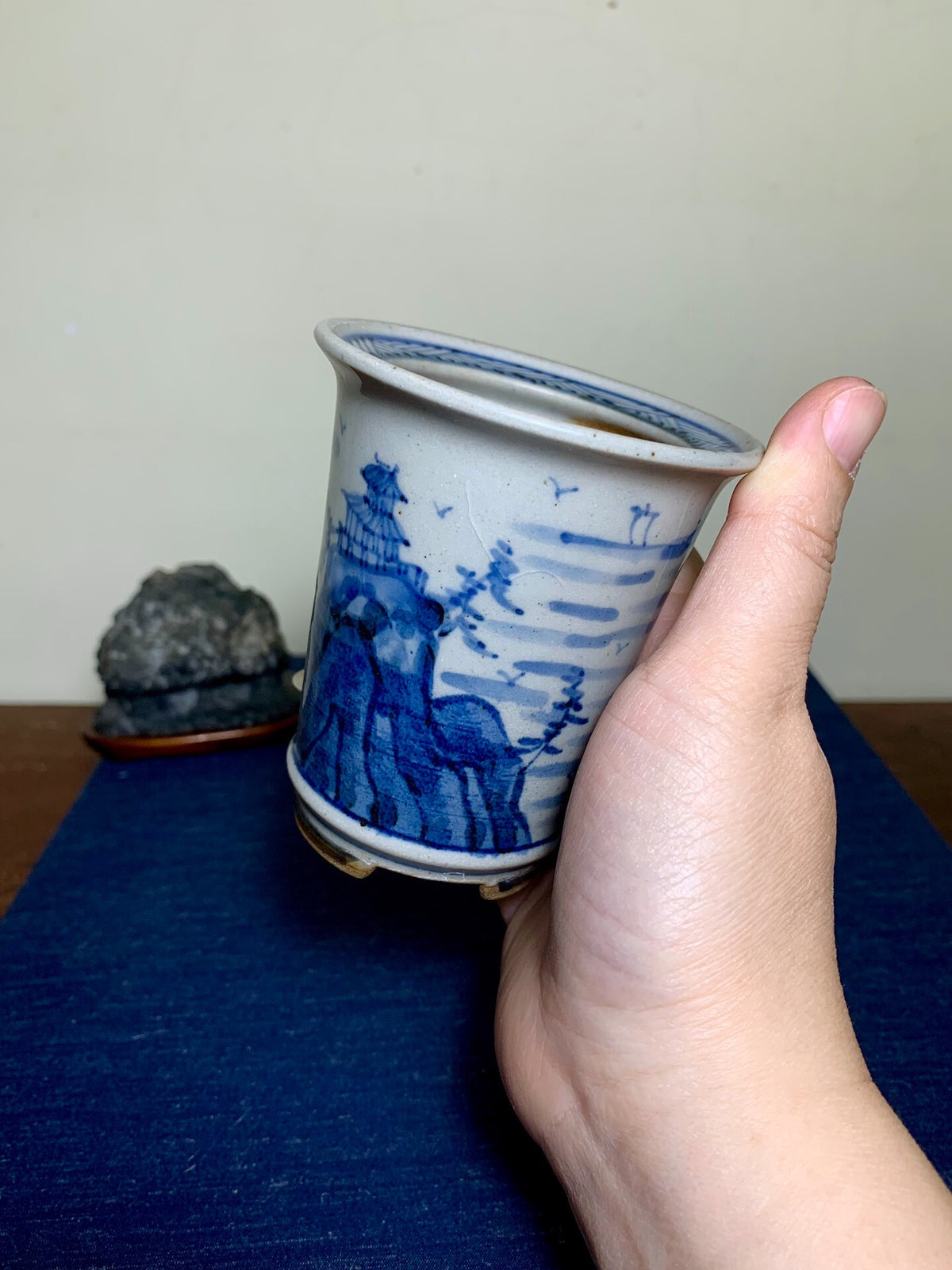 Kutani Shōzan Blue-And-White Landscape Cylindrical Pot Japanese Bonsai Pot