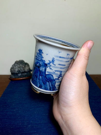 Kutani Shōzan Blue-And-White Landscape Cylindrical Pot Japanese Bonsai Pot