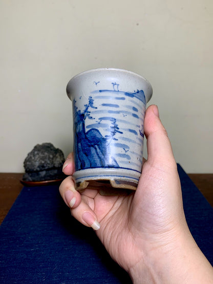 Kutani Shōzan Blue-And-White Landscape Cylindrical Pot Japanese Bonsai Pot