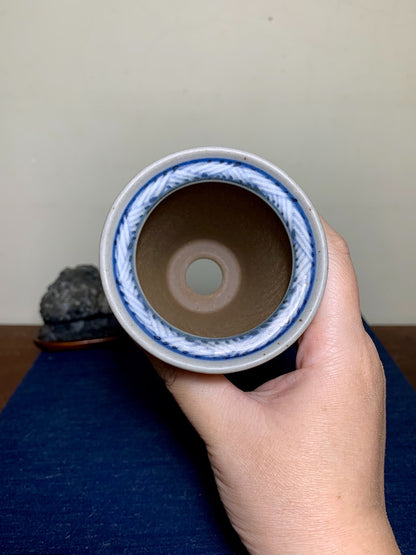 Kutani Shōzan Blue-And-White Landscape Cylindrical Pot Japanese Bonsai Pot