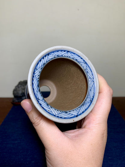 Kutani Shōzan Blue-And-White Landscape Cylindrical Pot Japanese Bonsai Pot