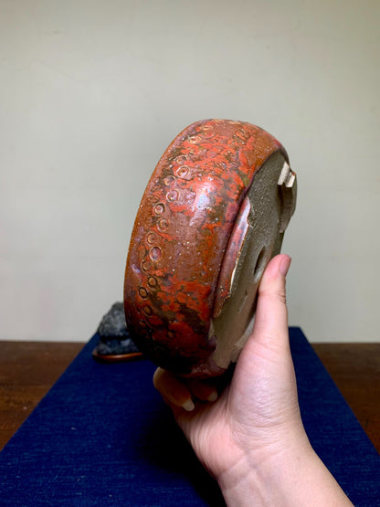 Koto Tadaaki Coral Glaze Drum-Shaped Round Pot