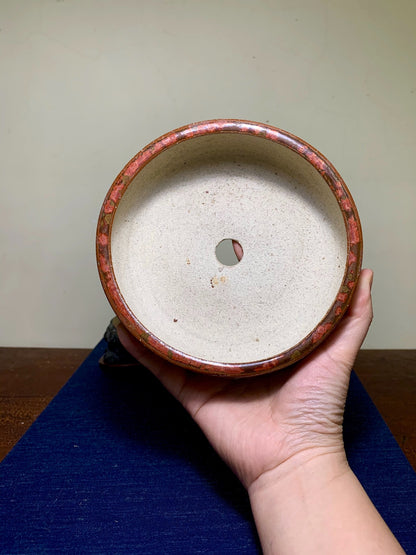 Koto Tadaaki Coral Glaze Drum-Shaped Round Pot