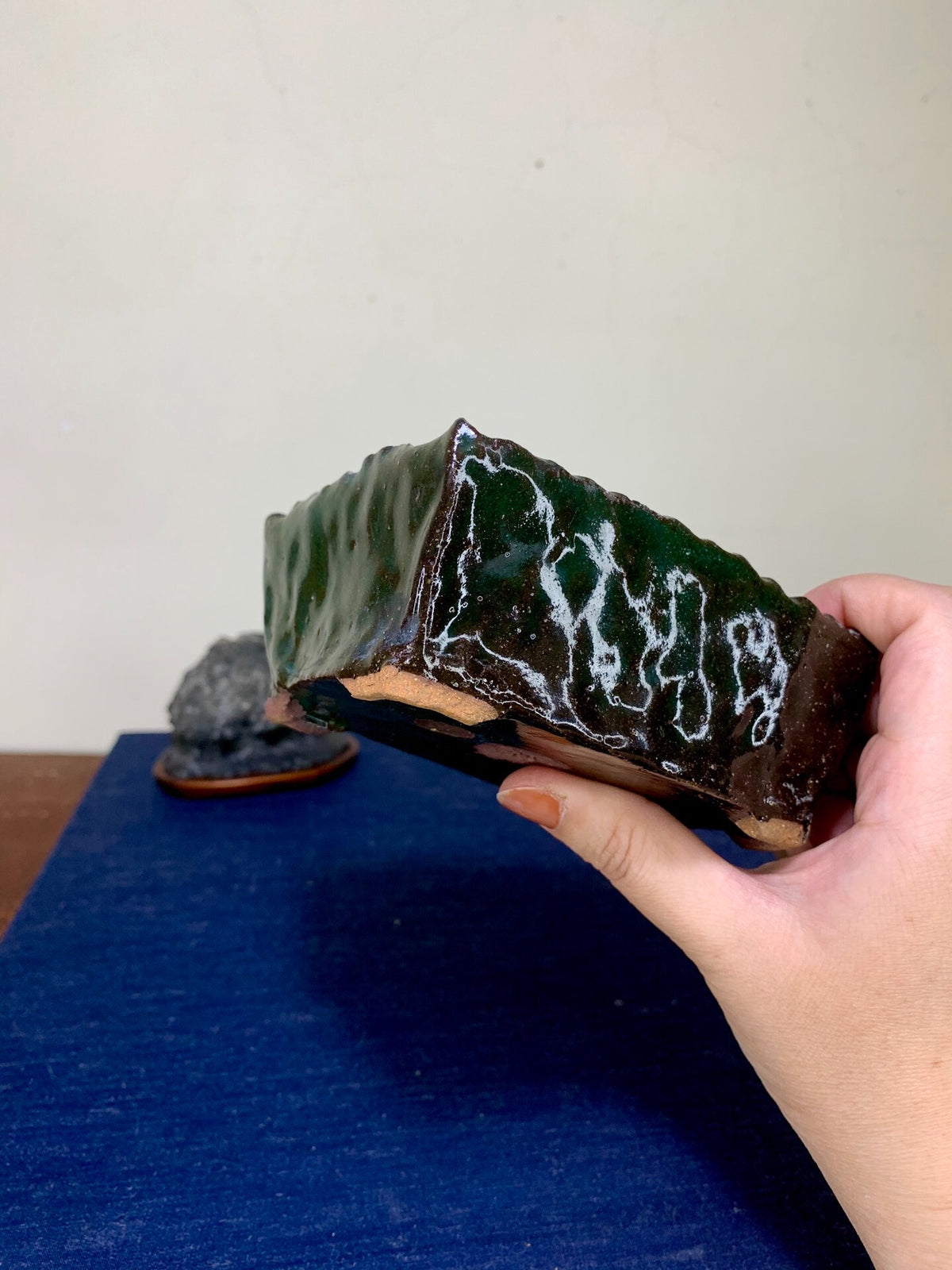 Hand-Pinched Green Glaze Kiln-Transmuted Rectangular Pot by Arai Akumu