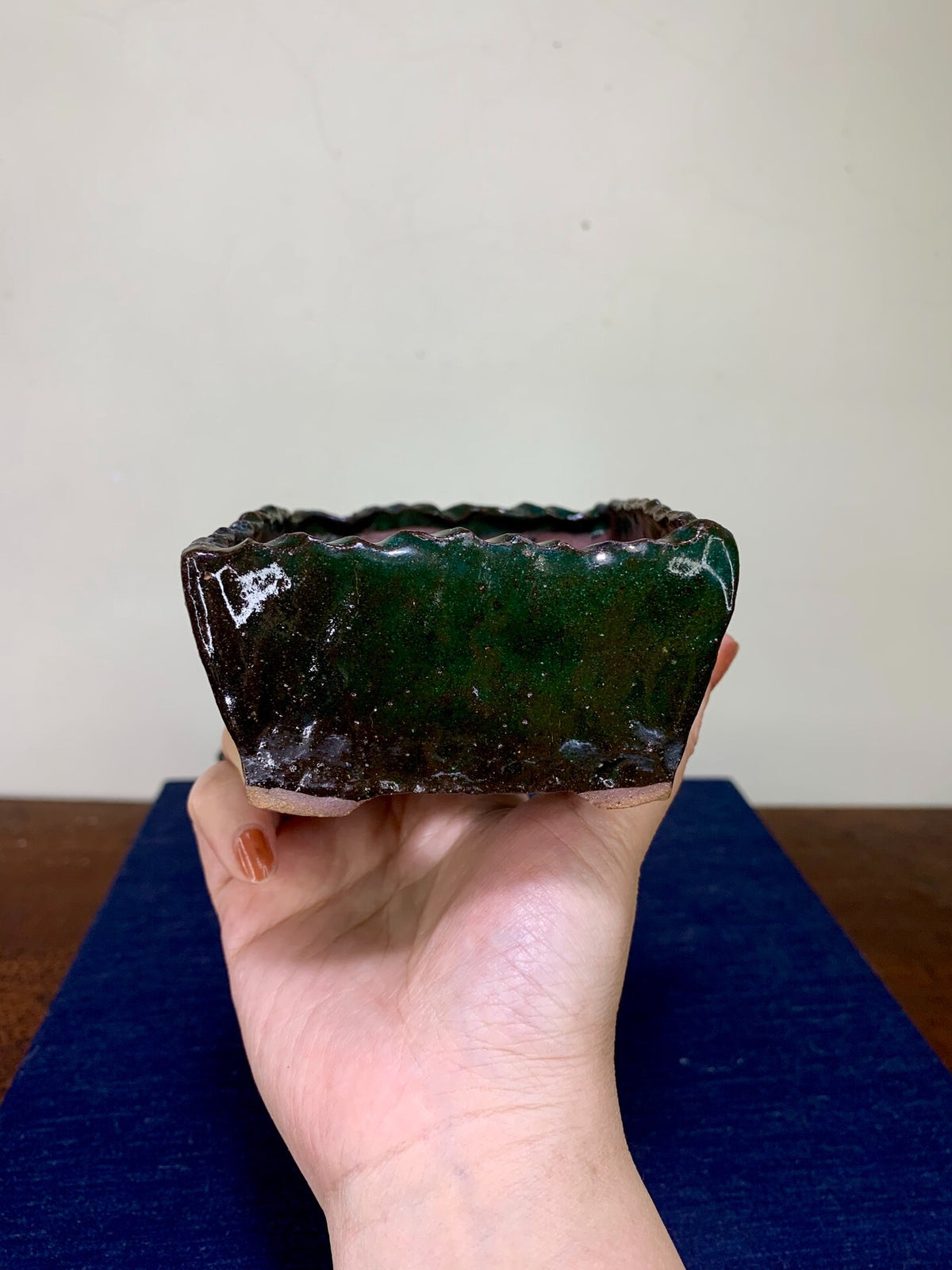 Hand-Pinched Green Glaze Kiln-Transmuted Rectangular Pot by Arai Akumu
