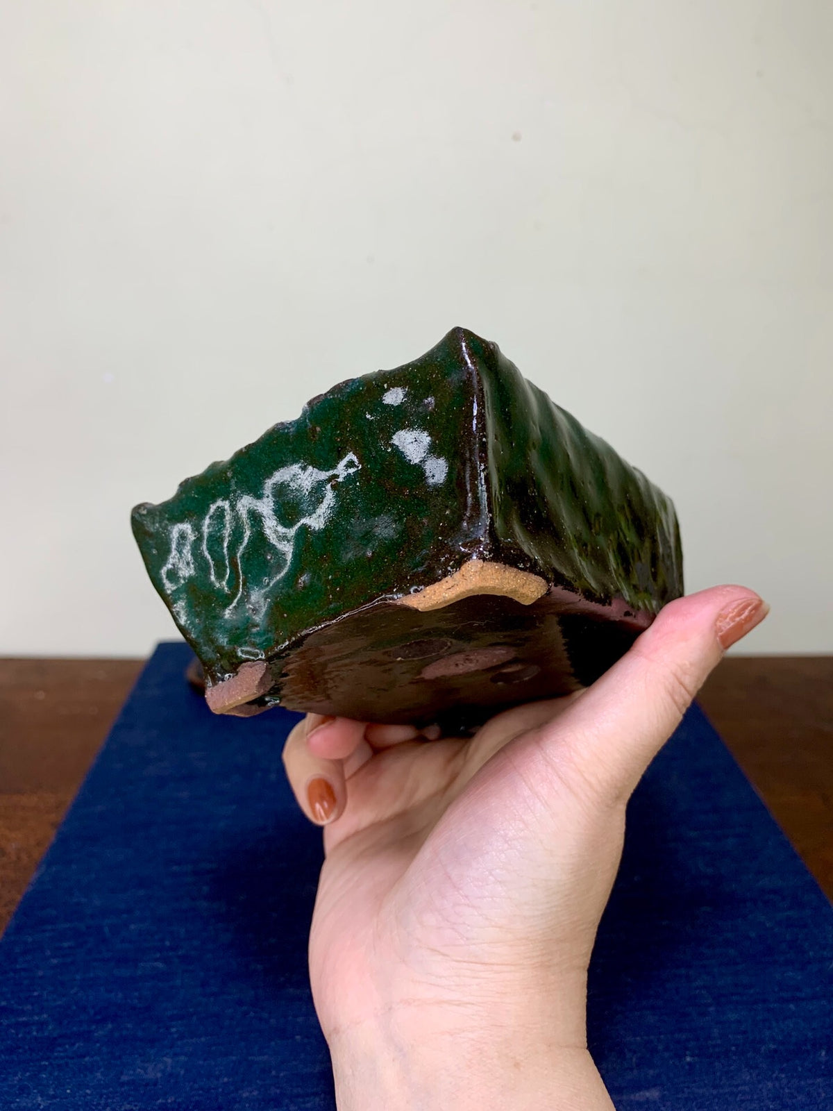 Hand-Pinched Green Glaze Kiln-Transmuted Rectangular Pot by Arai Akumu