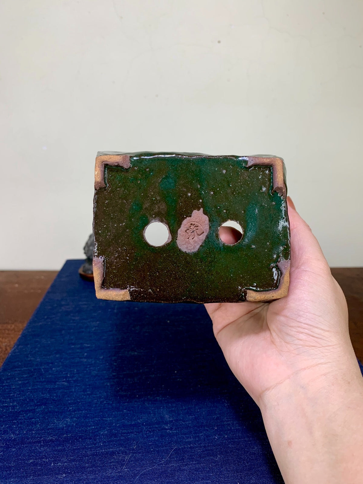 Hand-Pinched Green Glaze Kiln-Transmuted Rectangular Pot by Arai Akumu