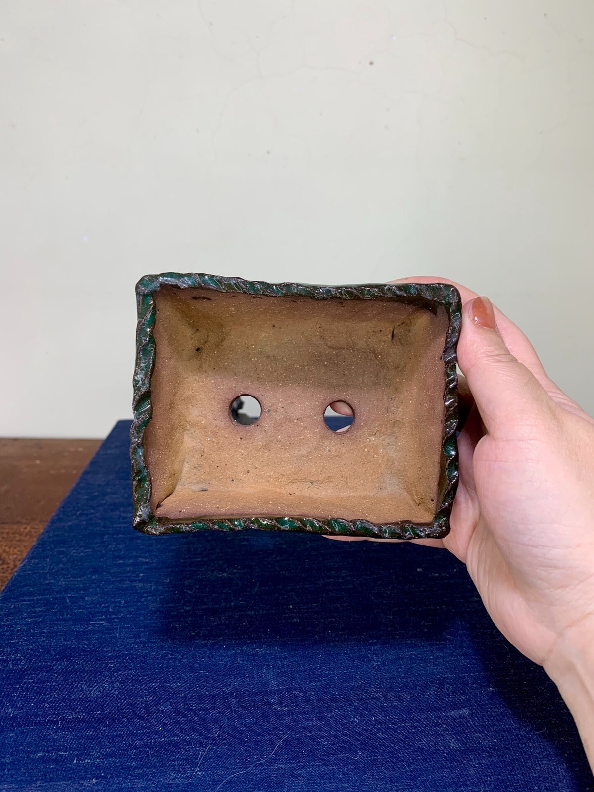 Hand-Pinched Green Glaze Kiln-Transmuted Rectangular Pot by Arai Akumu