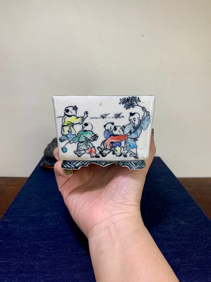Enamelled with Child Motif Japanese Bonsai Pot by Tōhō
