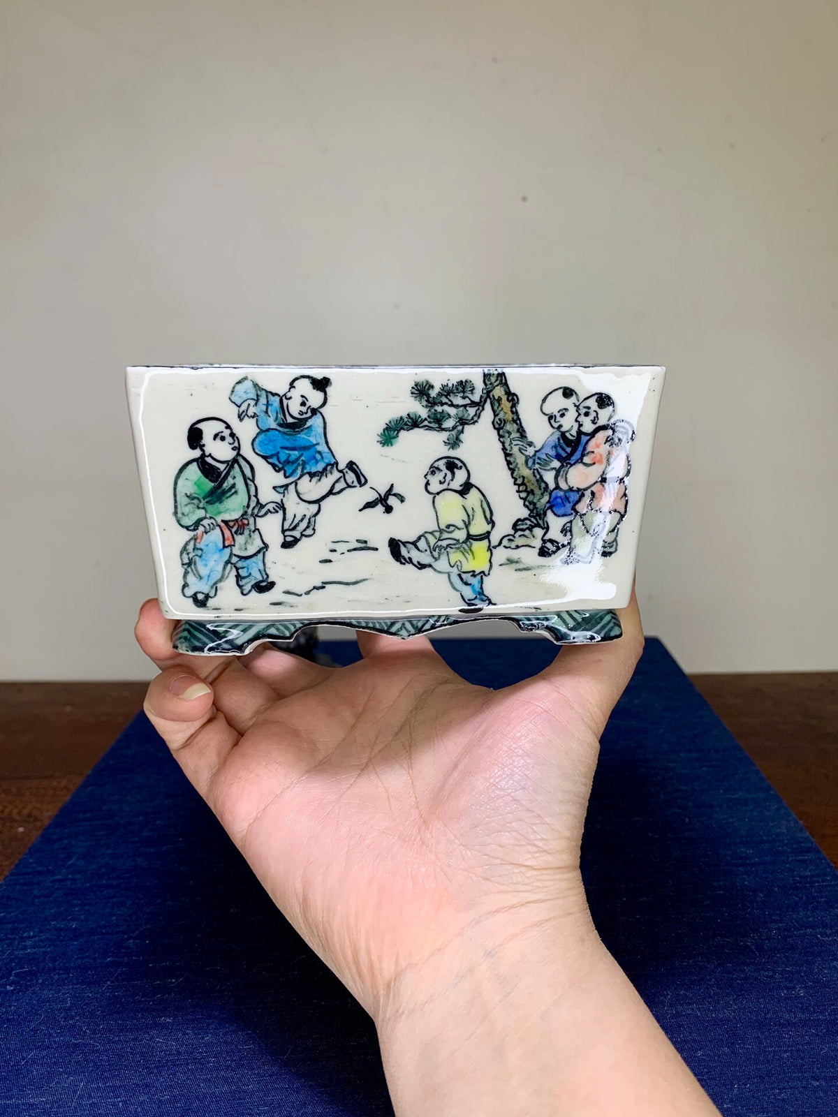 Enamelled with Child Motif Japanese Bonsai Pot by Tōhō