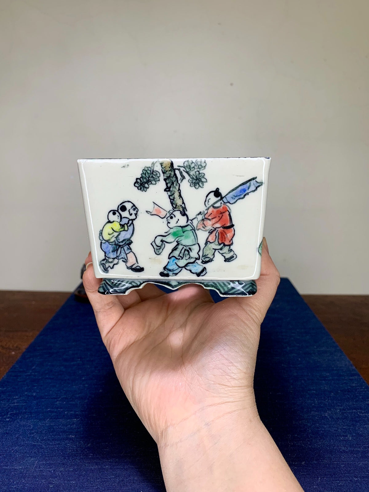 Enamelled with Child Motif Japanese Bonsai Pot by Tōhō