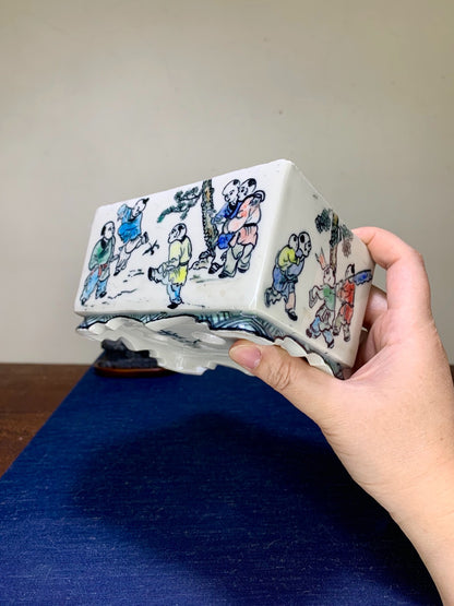 Enamelled with Child Motif Japanese Bonsai Pot by Tōhō