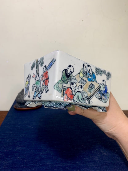 Enamelled with Child Motif Japanese Bonsai Pot by Tōhō