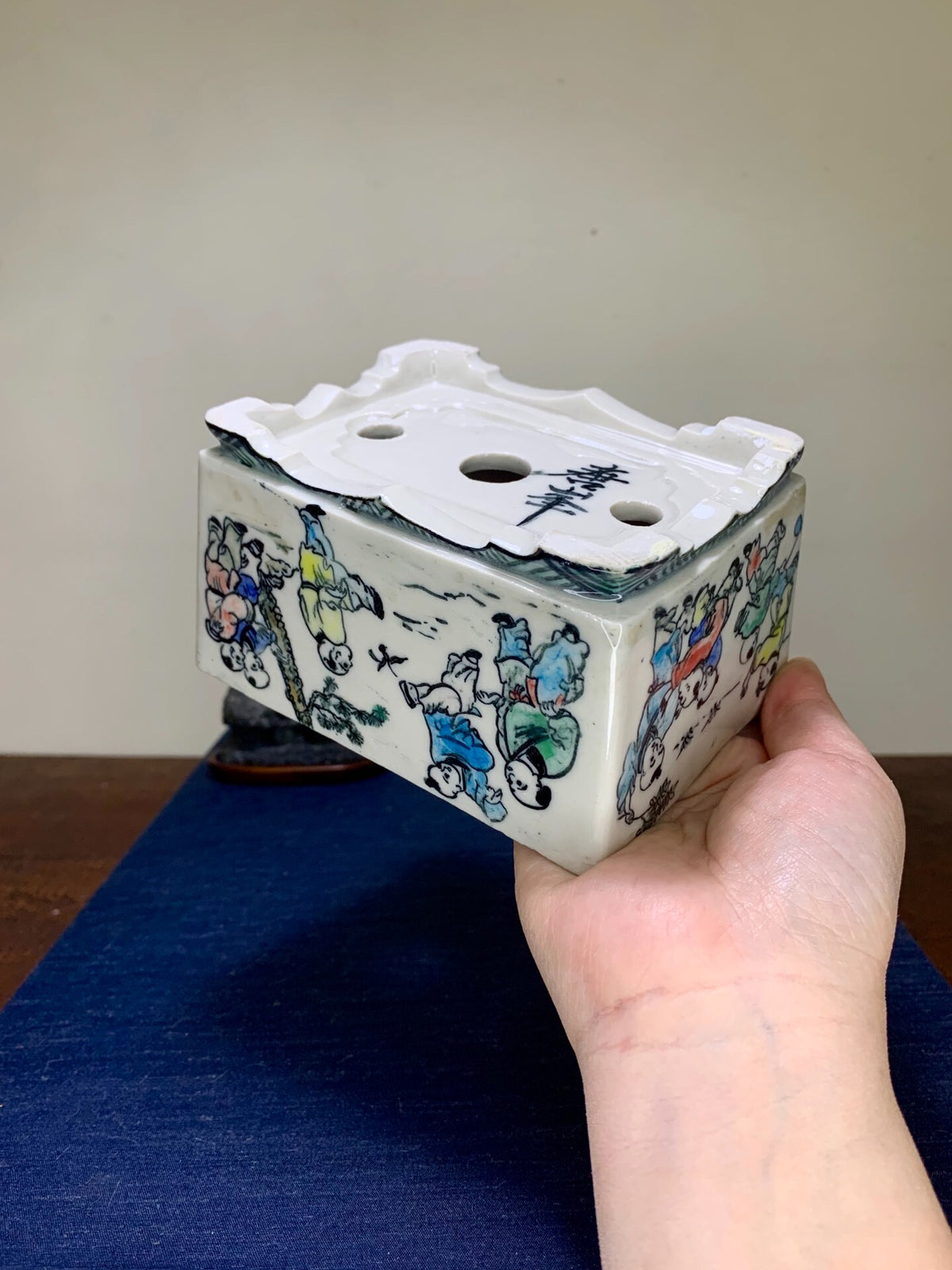 Enamelled with Child Motif Japanese Bonsai Pot by Tōhō