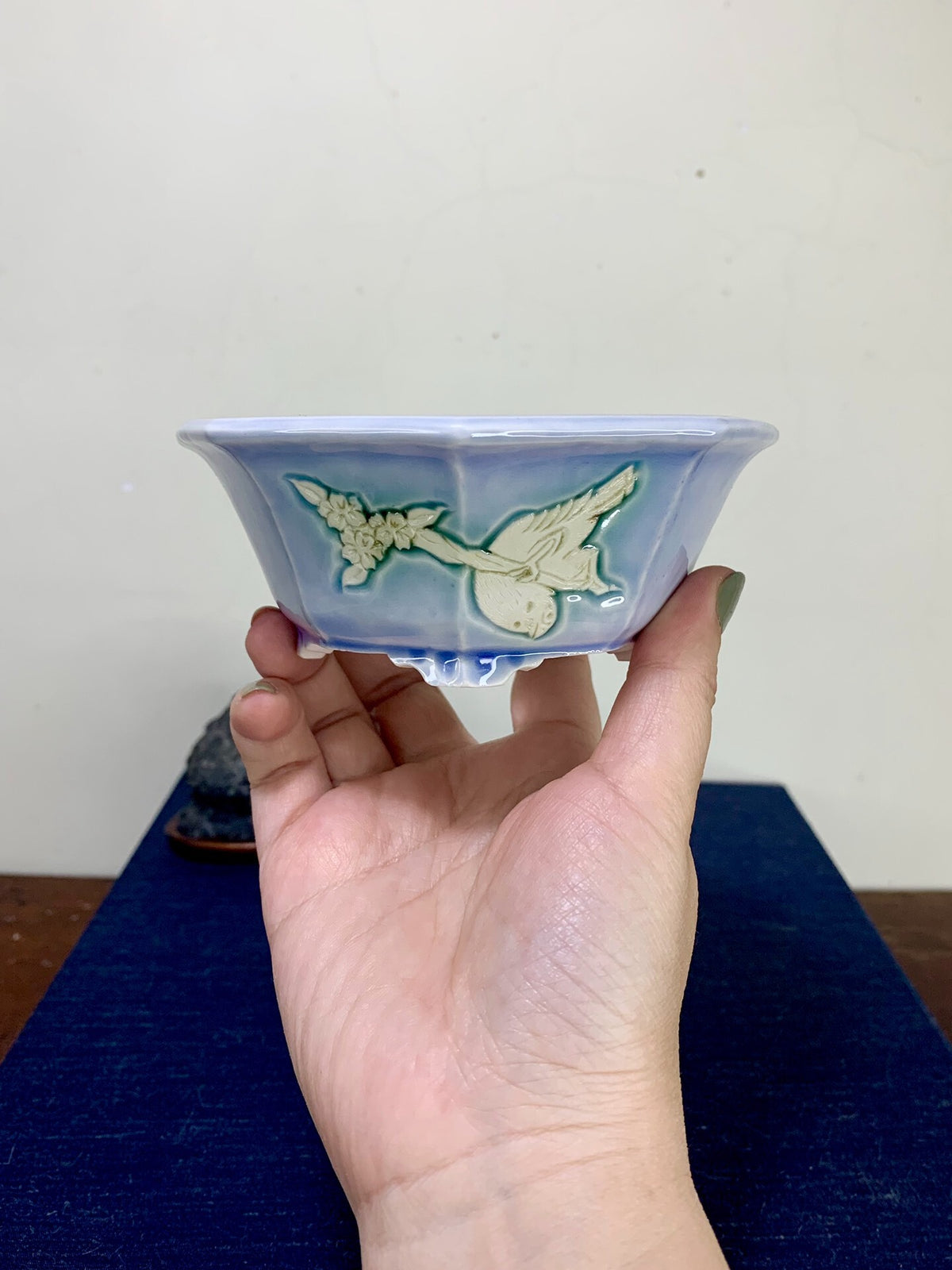 A hand holds a light blue glazed ceramic bowl with a white bird and branch decoration.