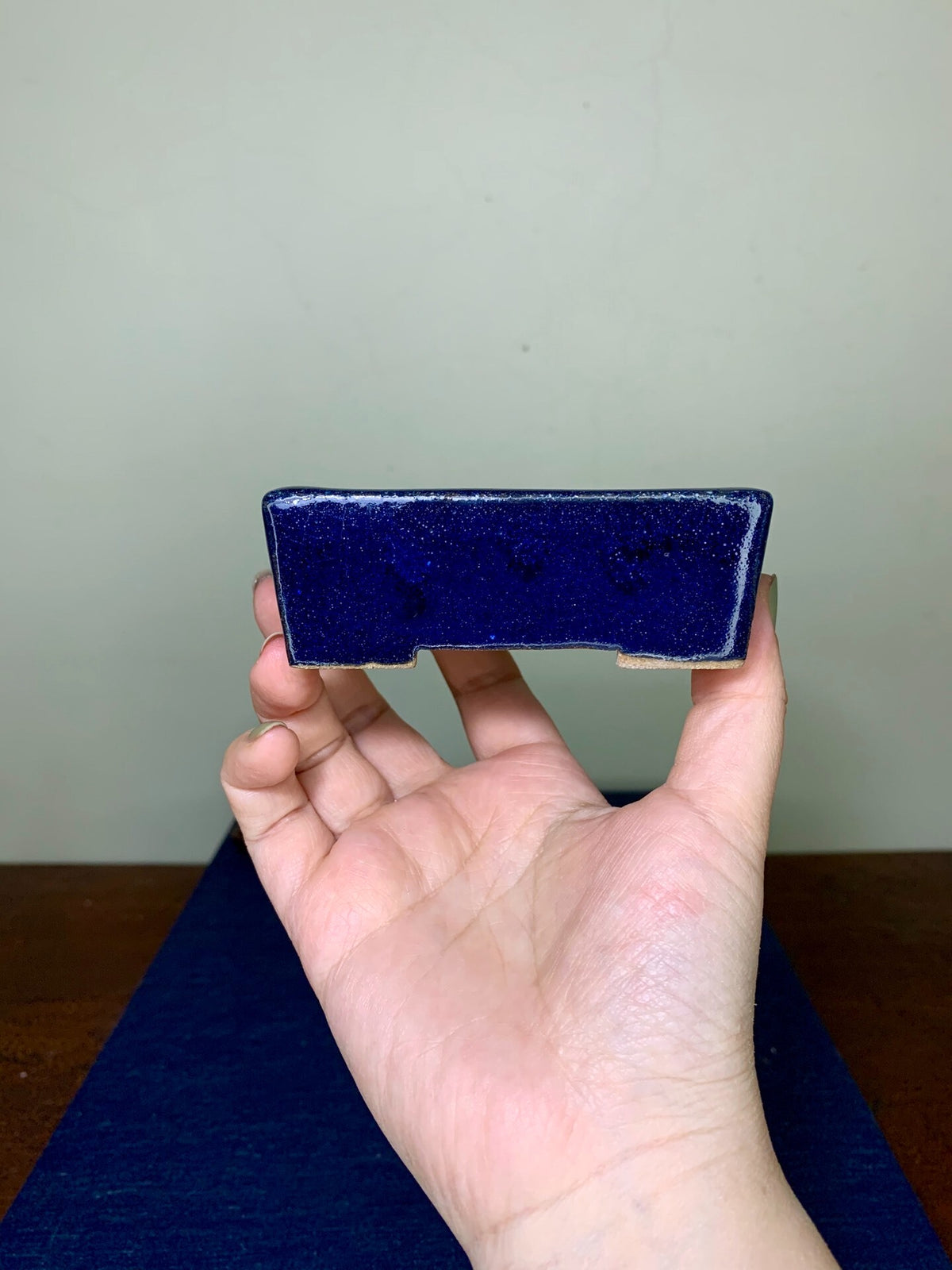 Ruri Blue Glaze Cut-Foot Rectangular Japanese Pot by Arai Akumu