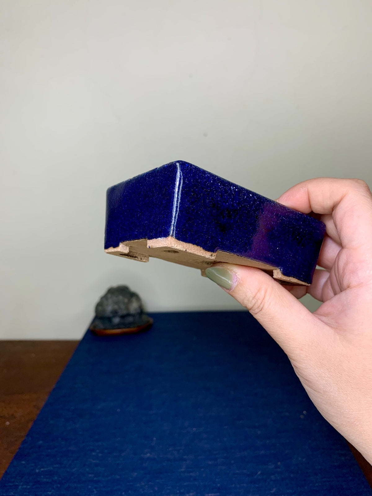 Ruri Blue Glaze Cut-Foot Rectangular Japanese Pot by Arai Akumu