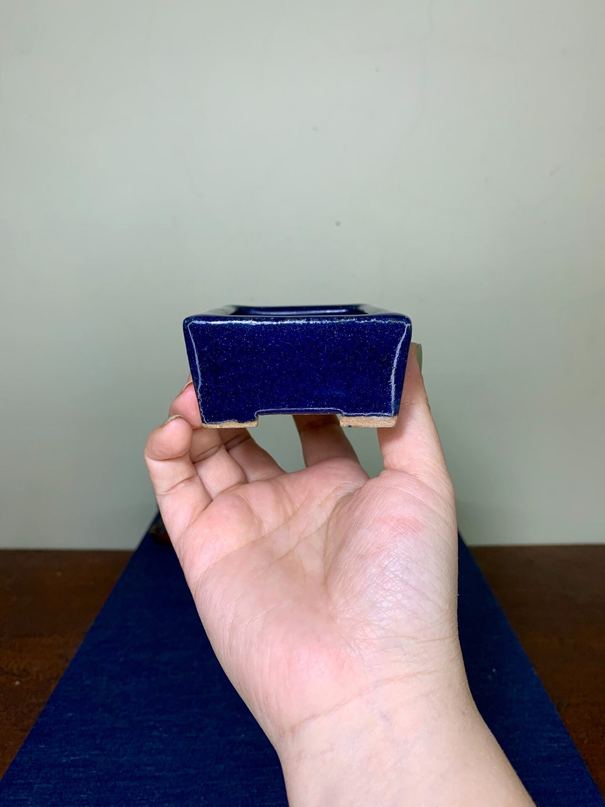 Ruri Blue Glaze Cut-Foot Rectangular Japanese Pot by Arai Akumu
