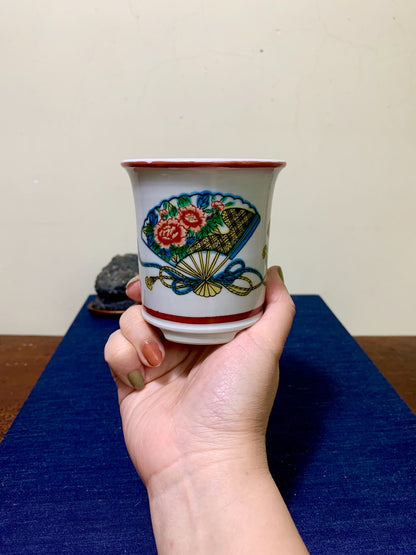 Kutani Sei-Oku Enamelled Fan-Panel Cylindrical Pot Japanese Bonsai Pot
