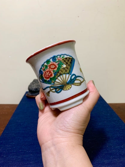Kutani Sei-Oku Enamelled Fan-Panel Cylindrical Pot Japanese Bonsai Pot