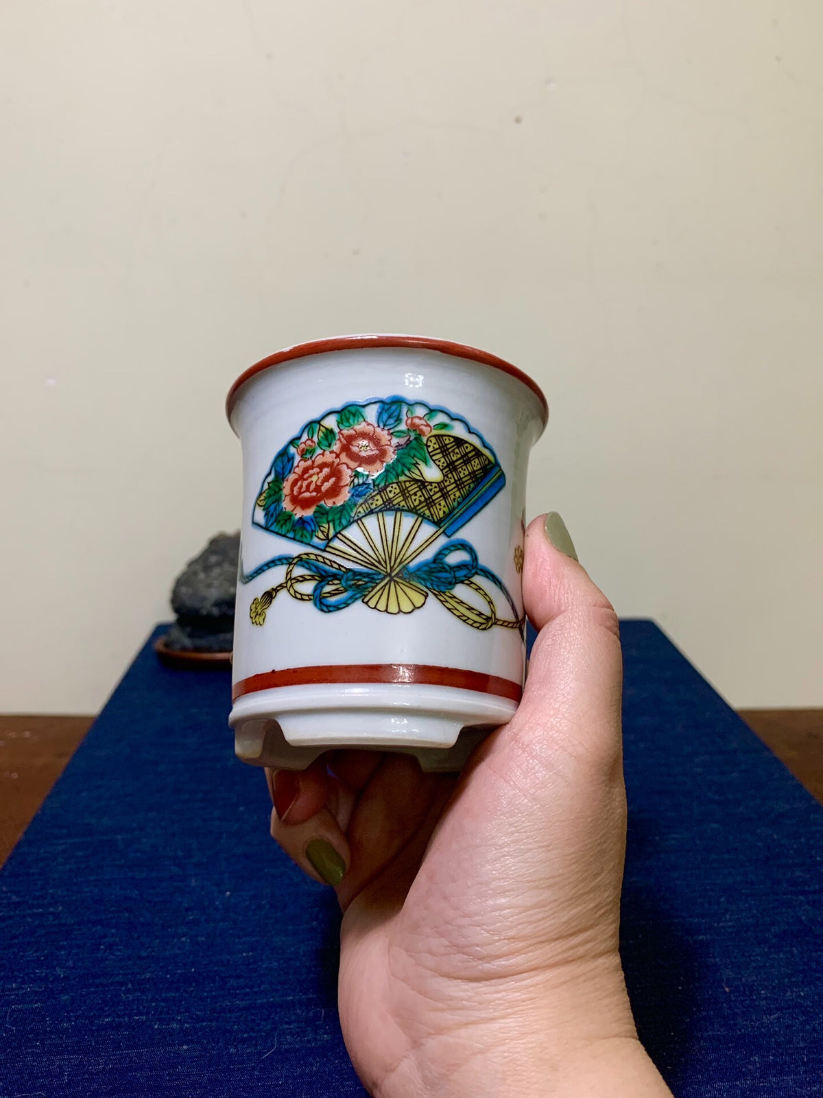 Kutani Sei-Oku Enamelled Fan-Panel Cylindrical Pot Japanese Bonsai Pot