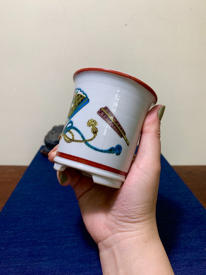 Kutani Sei-Oku Enamelled Fan-Panel Cylindrical Pot Japanese Bonsai Pot