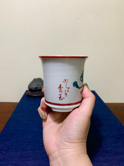 Kutani Sei-Oku Enamelled Fan-Panel Cylindrical Pot Japanese Bonsai Pot