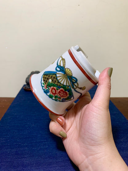 Kutani Sei-Oku Enamelled Fan-Panel Cylindrical Pot Japanese Bonsai Pot