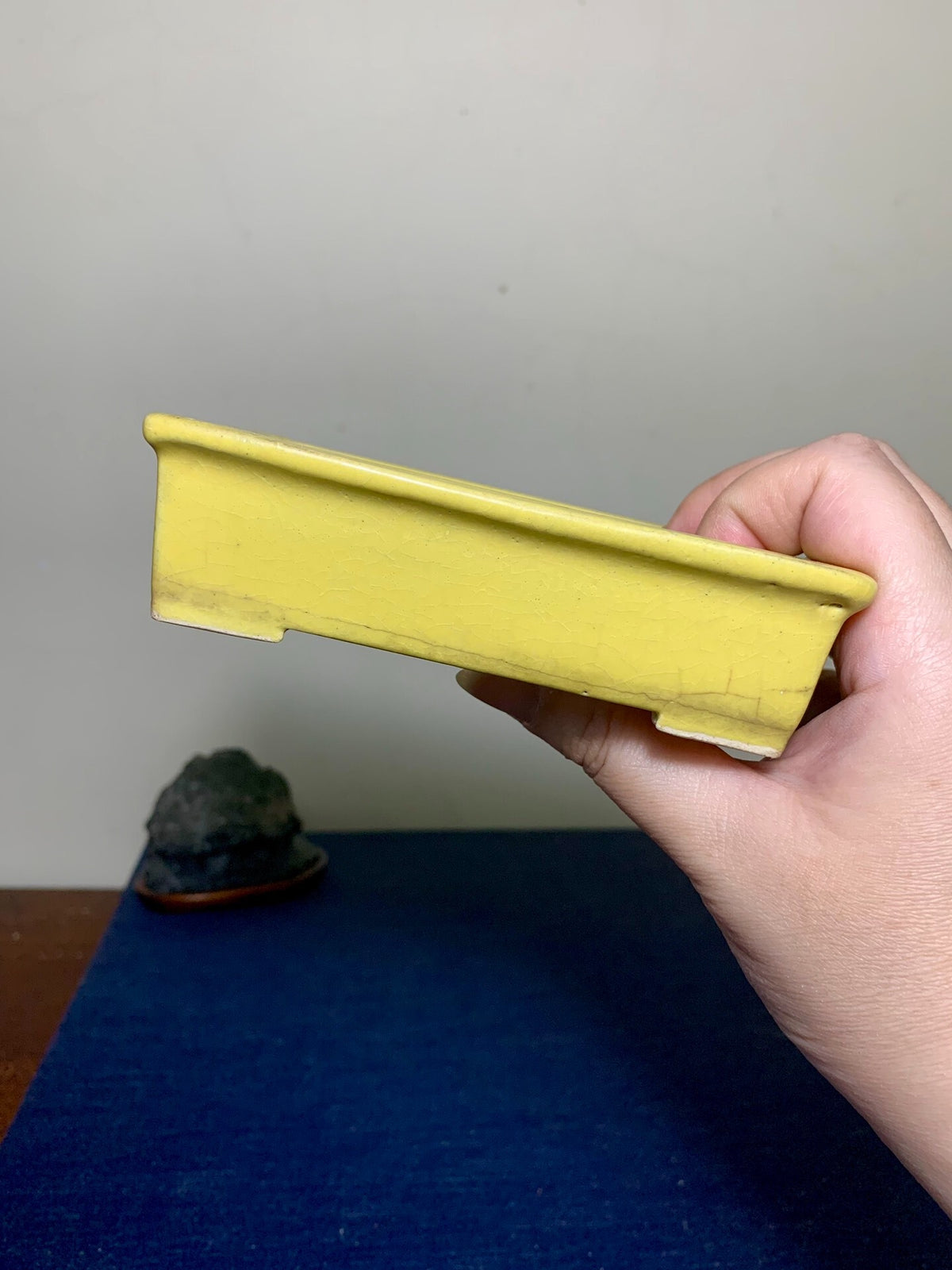 A hand holds a small, rectangular, matte yellow glazed pot with chipped edges.