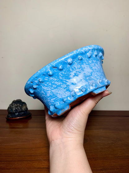 Ruri Blue Glaze Kiln-Transmuted Oval with Two Studded Bands Japanese Pot by Shuufu