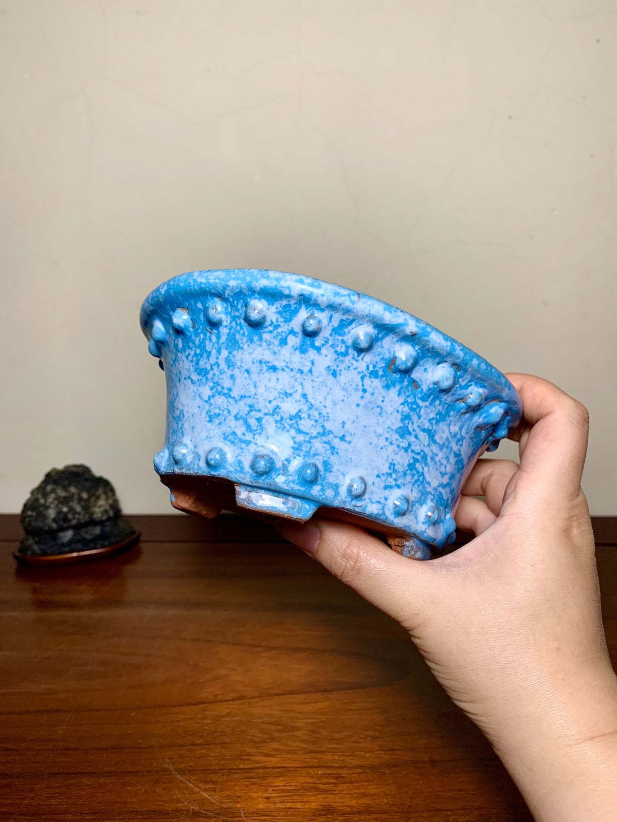 Ruri Blue Glaze Kiln-Transmuted Oval with Two Studded Bands Japanese Pot by Shuufu