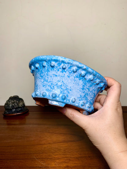 Ruri Blue Glaze Kiln-Transmuted Oval with Two Studded Bands Japanese Pot by Shuufu