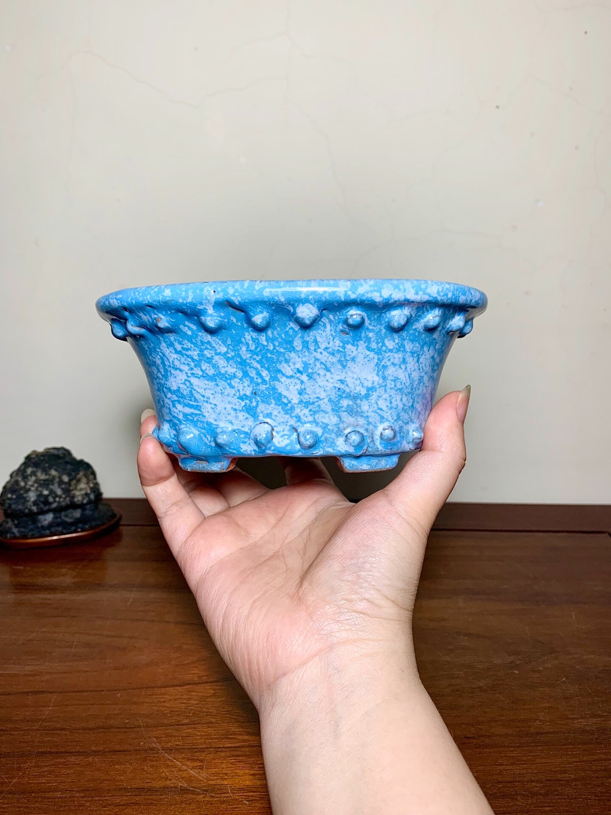 Ruri Blue Glaze Kiln-Transmuted Oval with Two Studded Bands Japanese Pot by Shuufu